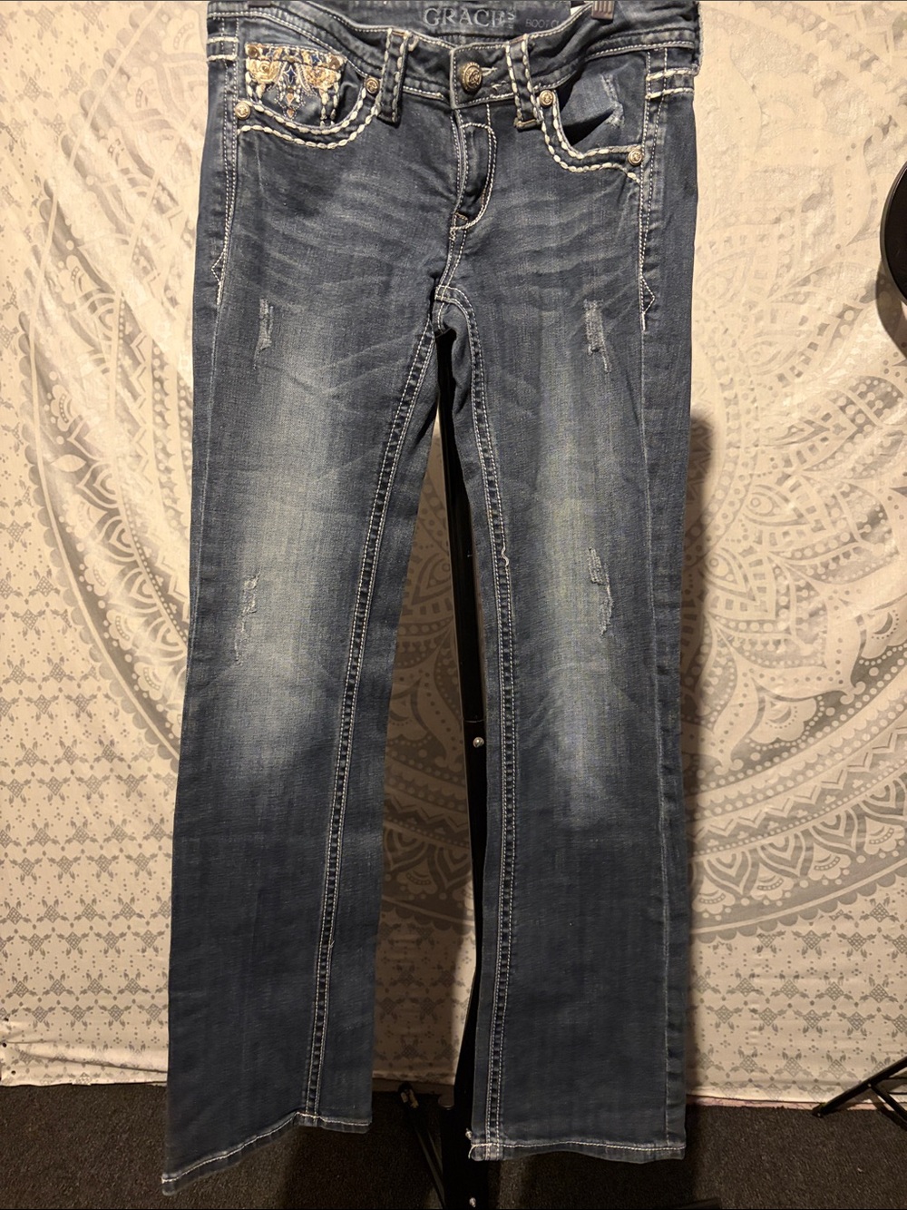 Grace in LA Western Boho Embellished Bootcut Jeans Distressed size 29